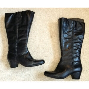 Womens Boots-CLARKS-ARTISAN-black leather knee boots zipper 'Cardy' 2-inch-9 M